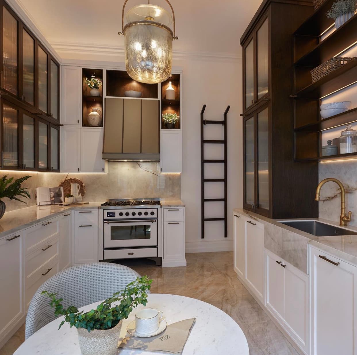 White shaker kitchen with open metal shelving and glass cabinets